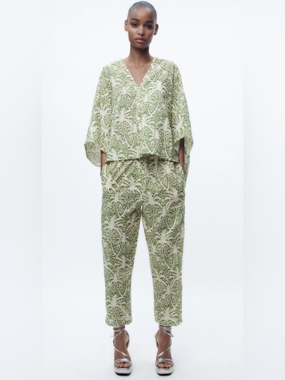 Zara Green Patterned Cotton Oversized Button Up Top and Relaxed Trouser Set M/L